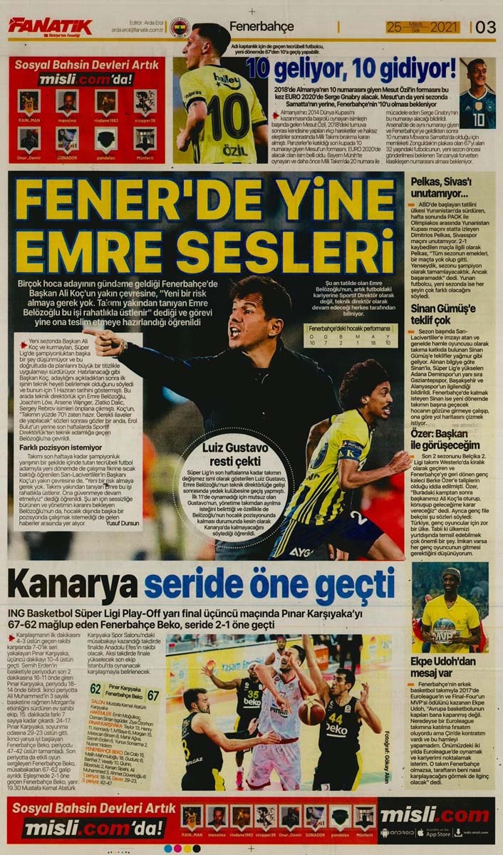 25 Mayıs 2021 Salı günün spor manşetleri | Fenerbahçe, Galatasaray, Beşiktaş ve Trabzonspor'dan haberler 21