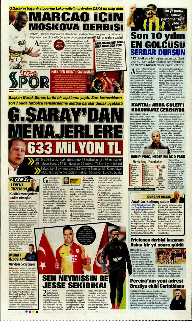 24 Şubat 2022 Perşembe günün spor manşetleri | Fenerbahçe, tur için Prag deplasmanında! 15