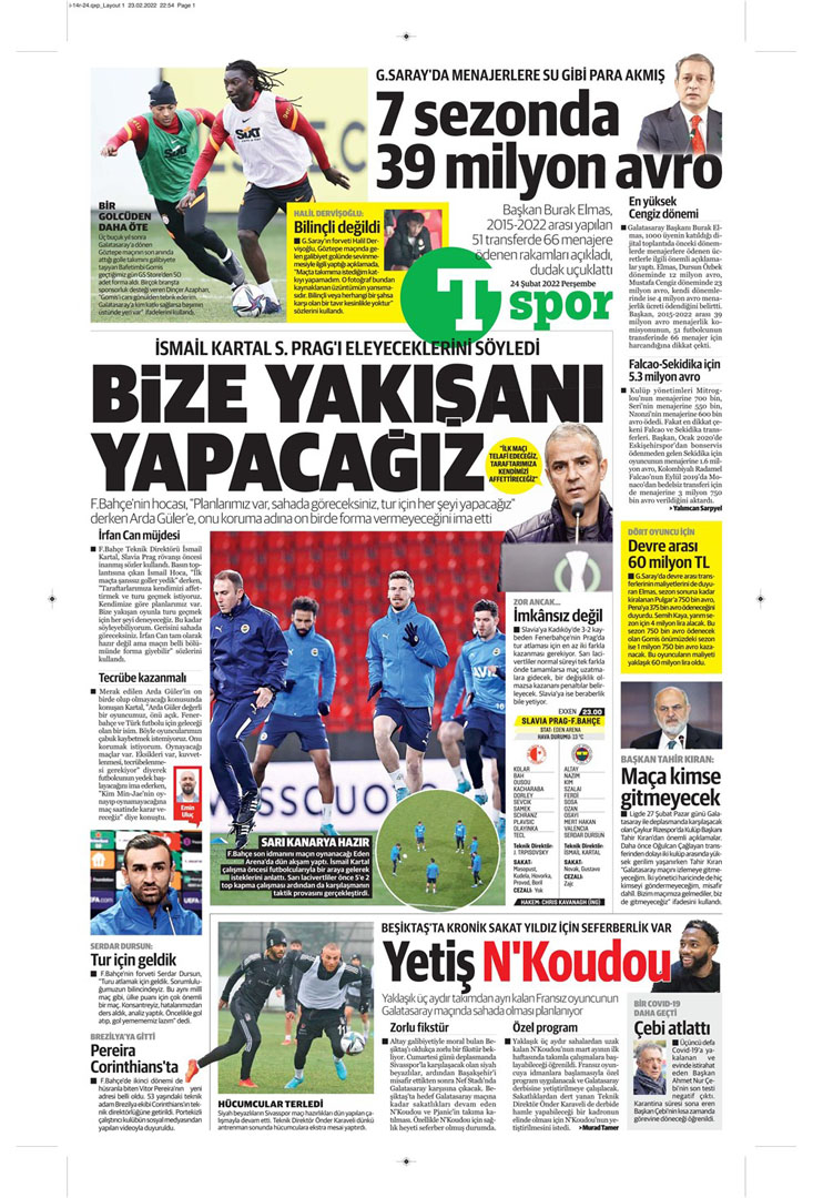 24 Şubat 2022 Perşembe günün spor manşetleri | Fenerbahçe, tur için Prag deplasmanında! 20