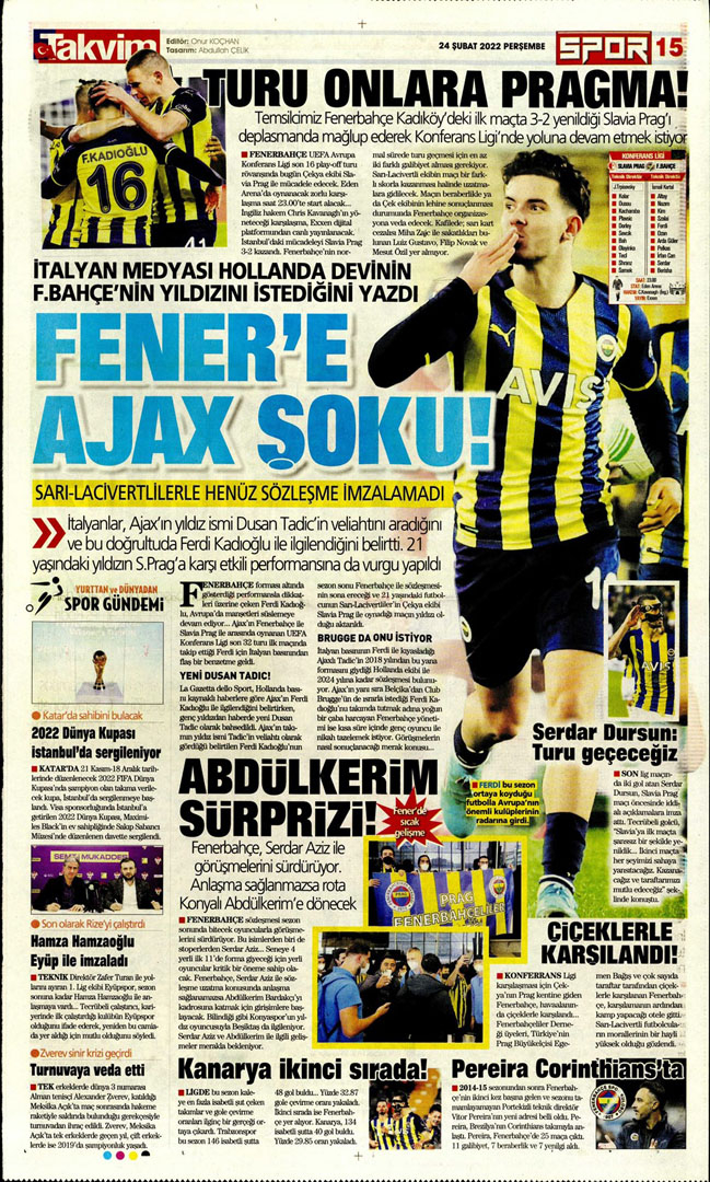 24 Şubat 2022 Perşembe günün spor manşetleri | Fenerbahçe, tur için Prag deplasmanında! 22