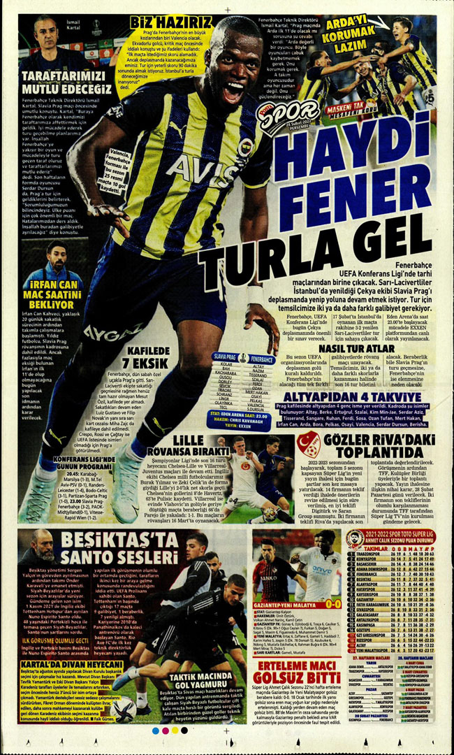 24 Şubat 2022 Perşembe günün spor manşetleri | Fenerbahçe, tur için Prag deplasmanında! 5