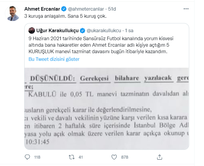 Spor yorumcusu Uğur Karakullukçu'nun Ahmet Ercanlar'a açtığı hakaret davası sonuçlandı! 5 kuruşluk tazminat...