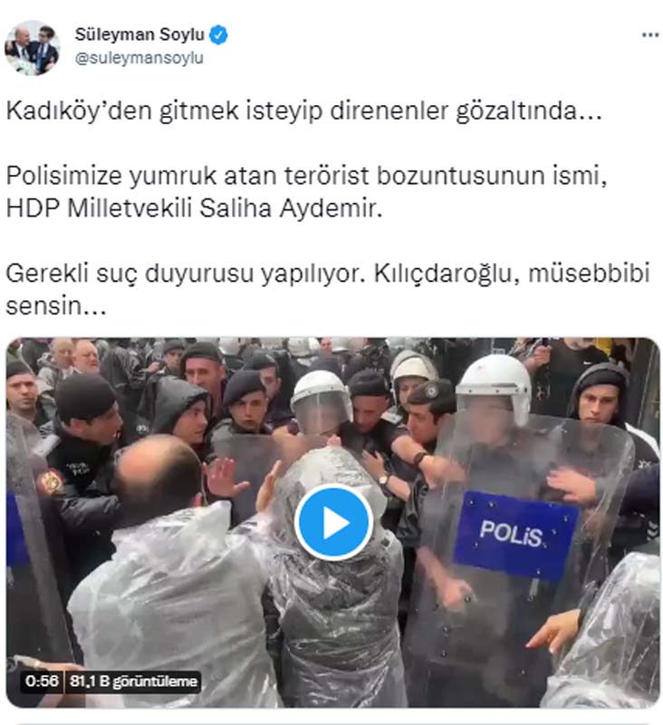 PKK elebaşı Öcalan için yürüyüşe katılan HDP'li vekil Saliha Aydemir polise yumruk attı! Soylu'dan açıklama gecikmedi: Kılıçdaroğlu müsebbibi sensin