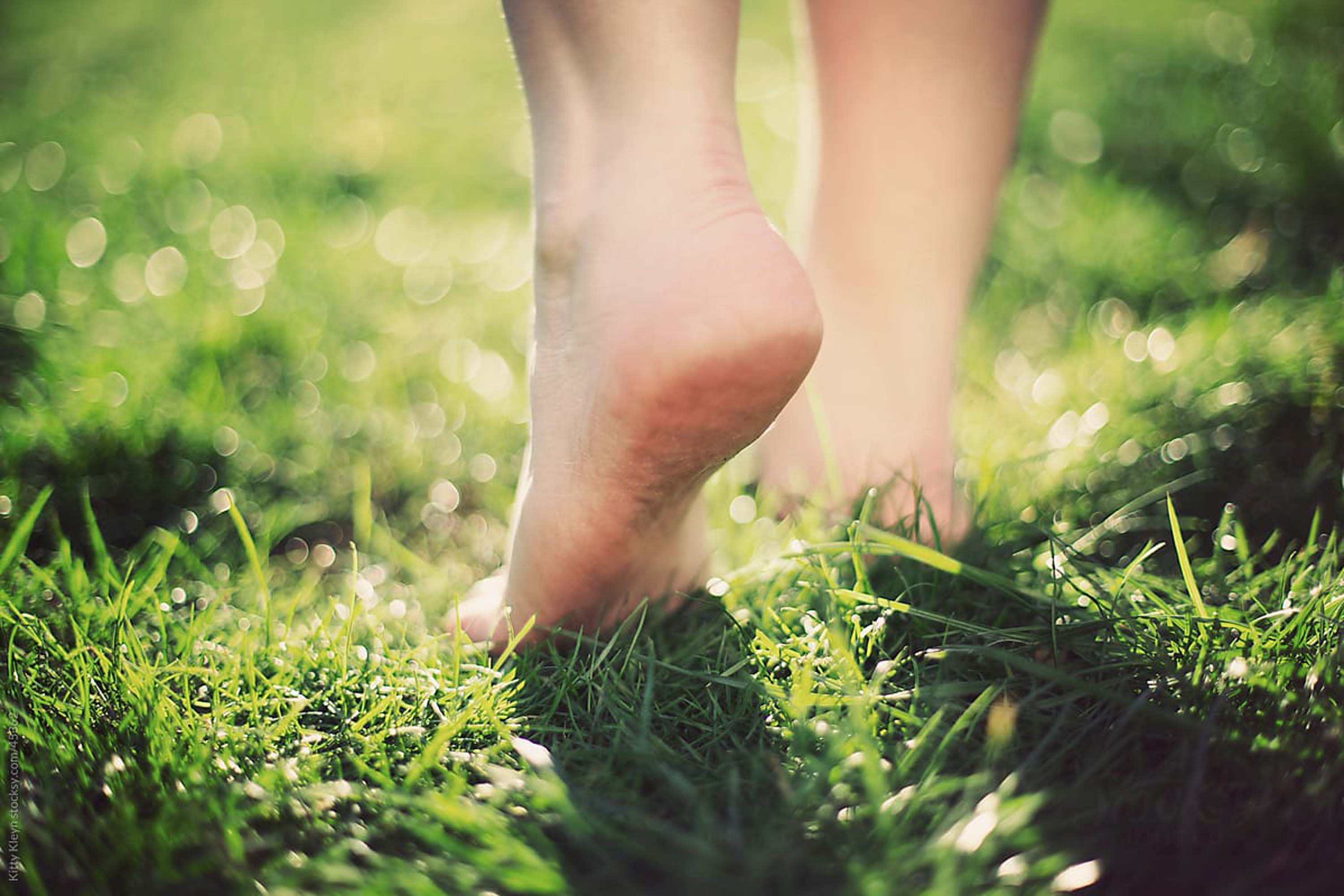 Побежал по земле. Ноги на траве. Босые ноги. Ходьба босиком. Ступни на траве.